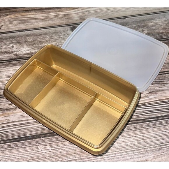 Tupperware Tuppercraft Stow-N-Go Storage Box Gold 3 Piece Lid Tray 767 NEW - Picture 2 of 4